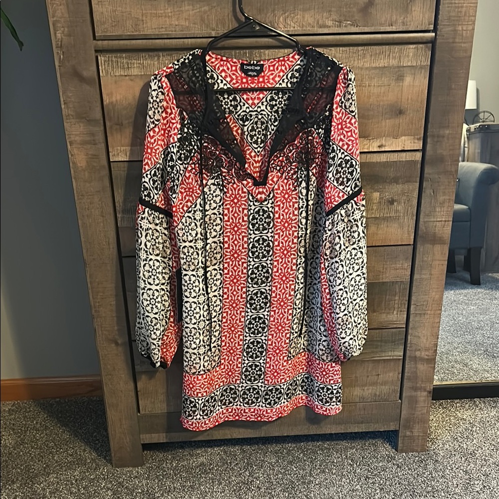 bebe Red, Black & White Patterned Long Sleeve Tunic with Lace Trim
